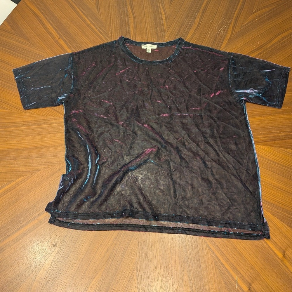 Silence + Noise Mesh Top Womens Small Iridescent Excellent Sheer Boxy Tee